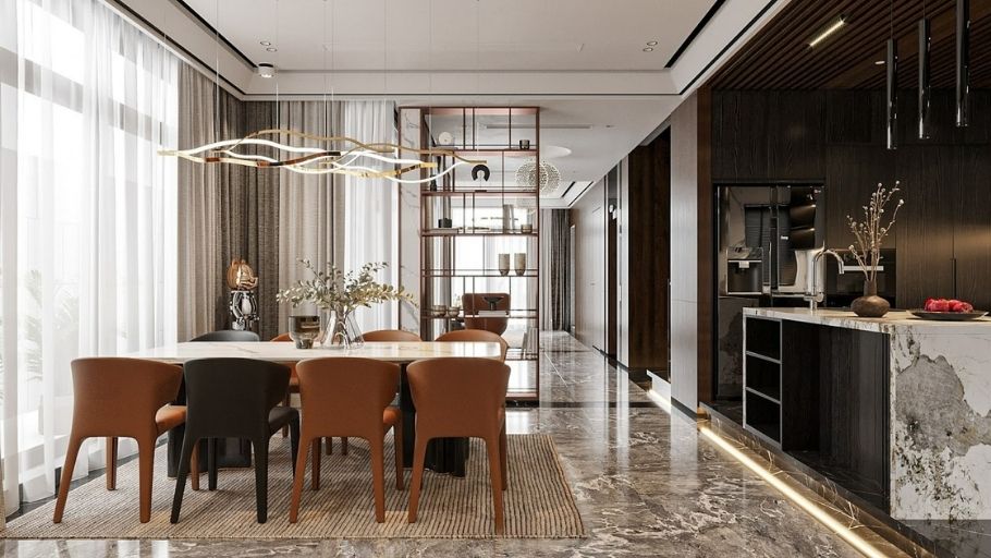 Biệt thự Haiphong Villa 01 - khu vực bếp và bàn ăn được liên thông với phòng khách