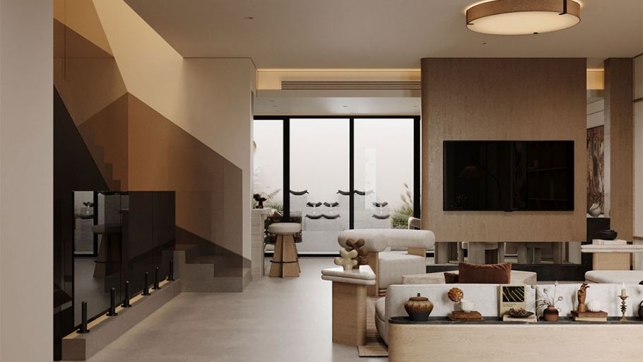 Không gian mở kết nối phòng khách, khu TV và cầu thang ốp gỗ hình học