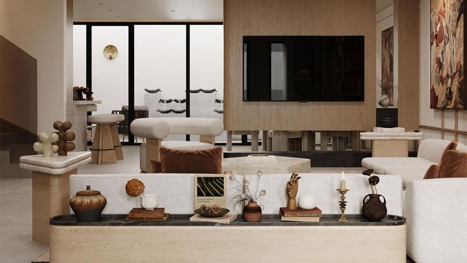 Trung tâm phòng khách với sofa module, kệ TV cao, bàn trà oval gỗ