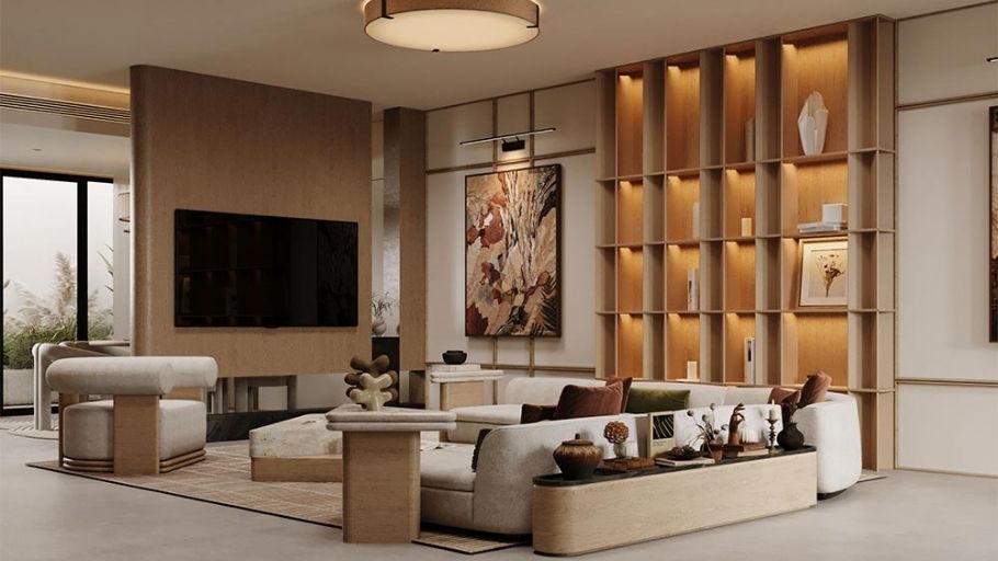 Phòng khách hiện đại tối giản với sofa chữ L, kệ mở, đèn trần gỗ