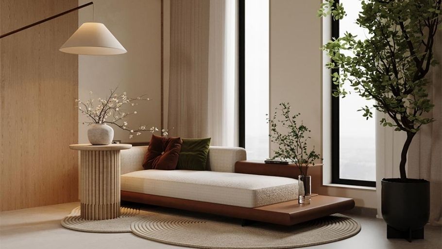 Góc nghỉ riêng tư với daybed, đèn sàn cong, rèm dài và cây xanh
