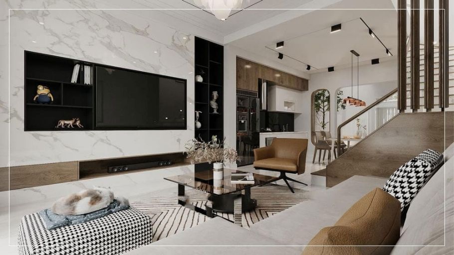Phòng khách tinh tế hiện đại với tường đá marble trắng vân xám