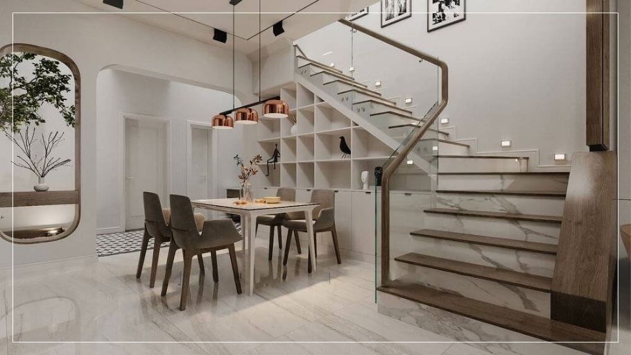 Không gian ăn uống ấm cúng dưới gầm thang xoắn ốc