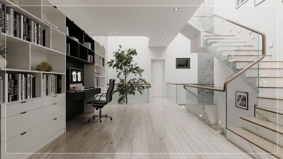 Góc làm việc tối giản tinh tế tại tầng lửng