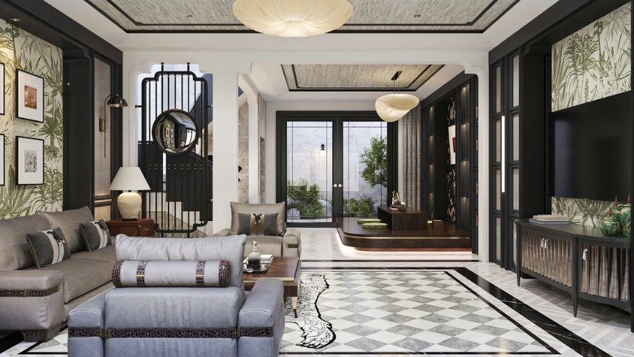 Phòng khách giao thoa giữa nét hiện đại và hoài cổ