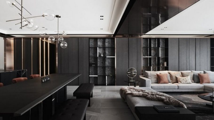 Không gian nội thất mở bao gồm bếp, phòng ăn và phòng khách