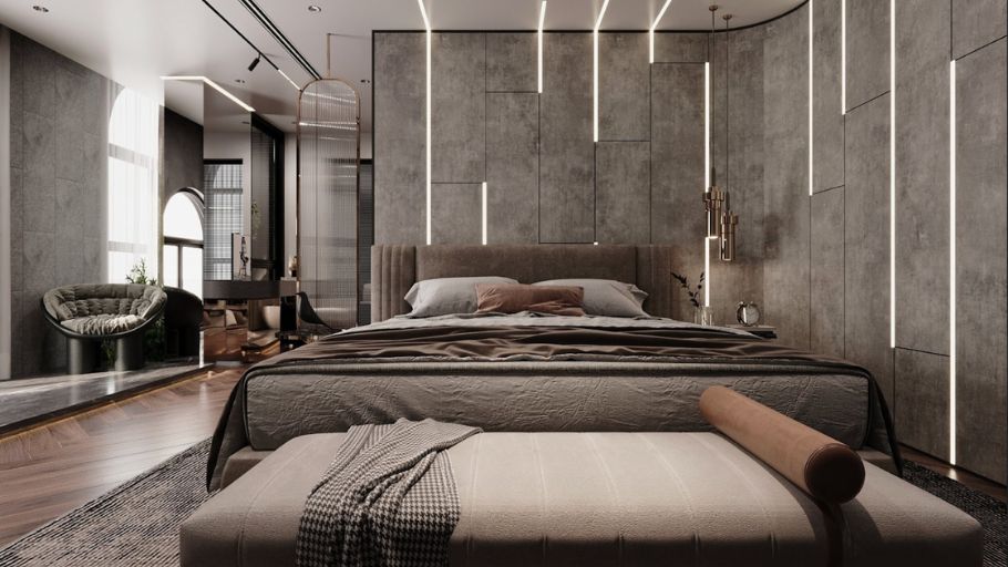Phòng ngủ được thiết kế theo phong cách warm neutral luxury