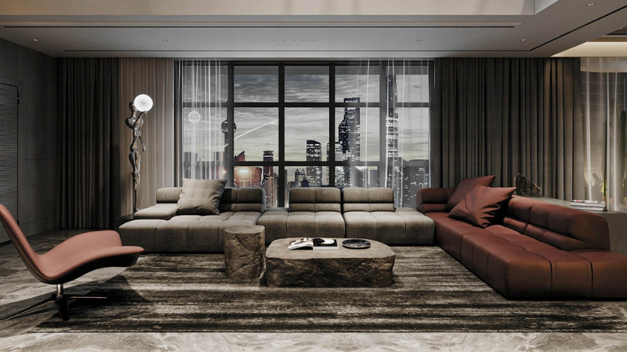 Sofa sectional nâu đỏ huyền bí kết hợp ghế lounge da hồng pastel