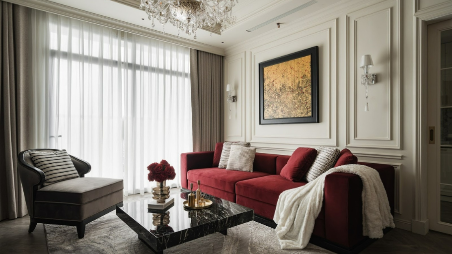 Thiết kế Penthouse kiểu Pháp với hệ khung viền đắp nổi trên tường trần