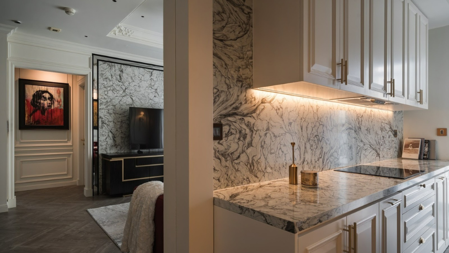 Đá tự nhiên được sử dụng trong nội thất Penthouse Tân Cổ Điển