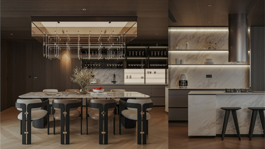 Không gian bếp - ăn sang trọng với đèn chùm pha lê và bếp đá Marble