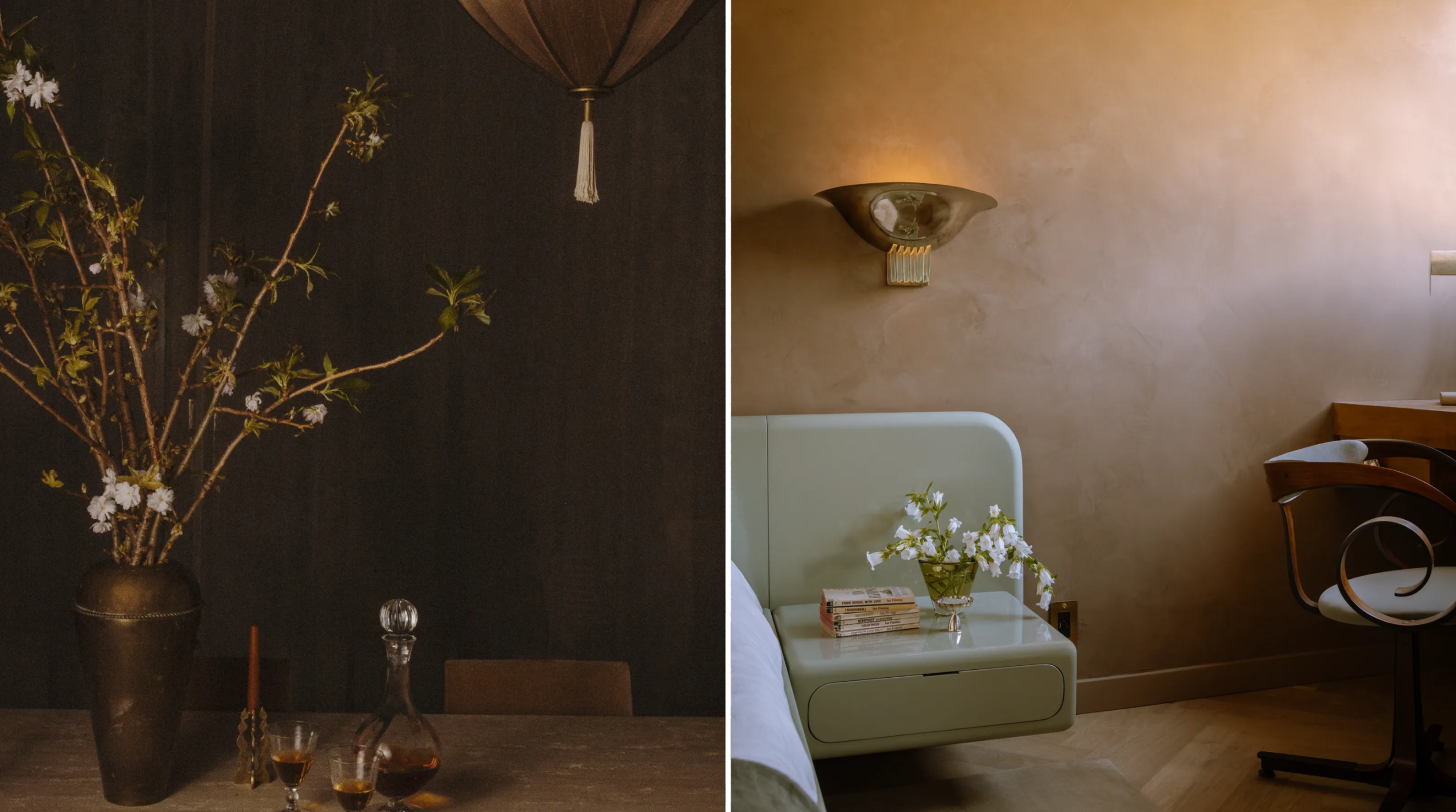 Hai dự án Encino và Voyager của Night Palm cùng khai thác tinh thần Deco qua những chi tiết chọn lọc như đèn thả tua rua, thủy tinh cổ điển hay đèn tường chrome, tạo nên điểm nhấn ánh kim tinh tế trên nền không gian trầm ấm. Ảnh: Pablo Enriquez