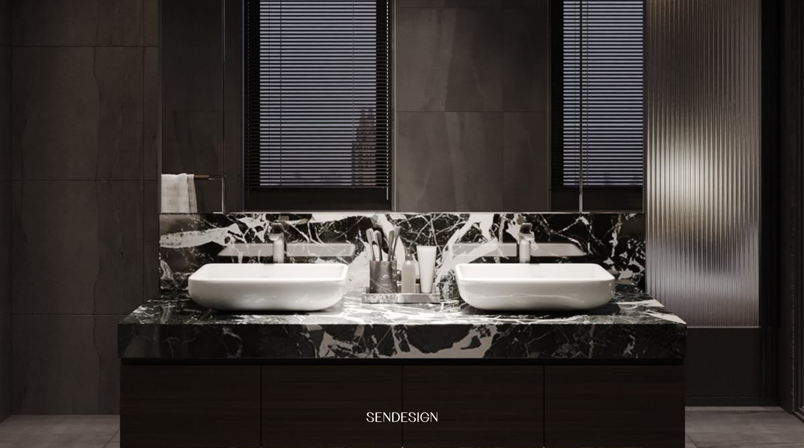 The marble surface, defined by its striking white veining, serves as a visual focal point while bringing a sense of calm and quiet sophistication to the bathroom.