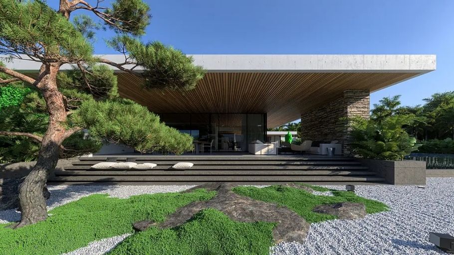 Kiến trúc villa 1 tầng mái phẳng, hình khối gọn gàng và trẻ trung