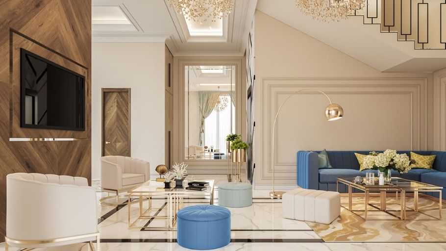 Phòng khách rộng mở với sofa, đèn chùm và sàn marble