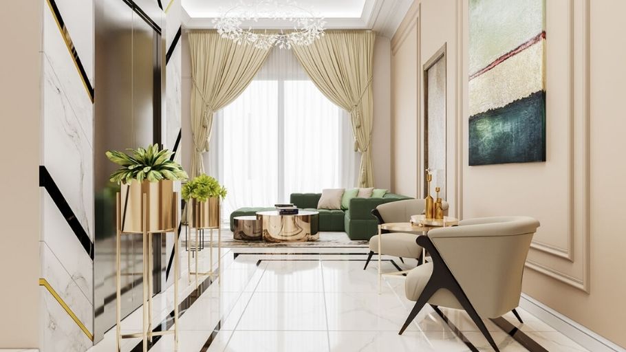 Sảnh hành lang với sàn đá, tường viền, rèm trắng và đèn chùm