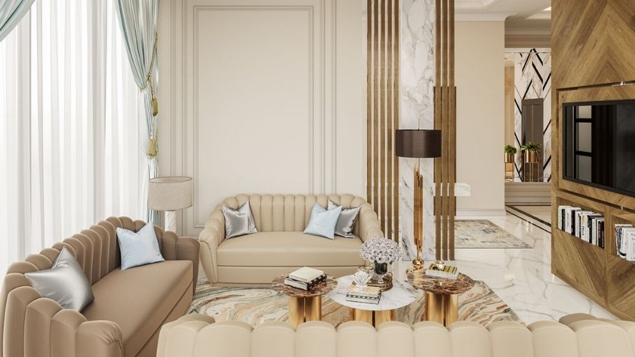 Phòng khách ấm cúng tân cổ điển, sofa da be và bàn trà
