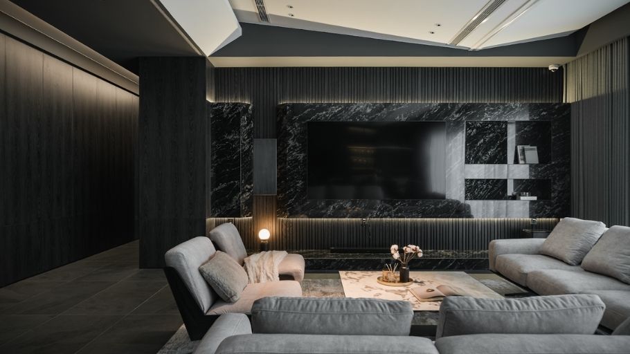Phòng khách đẳng cấp với vách đá Marble đen vân mây