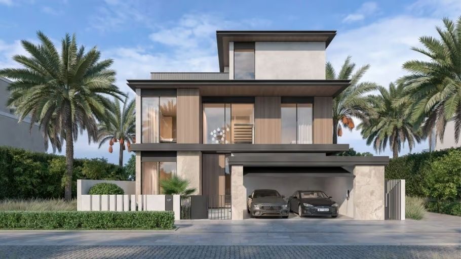 Biệt thự có gara hiện đại nhiệt đới, khối chồng lớp mái bằng