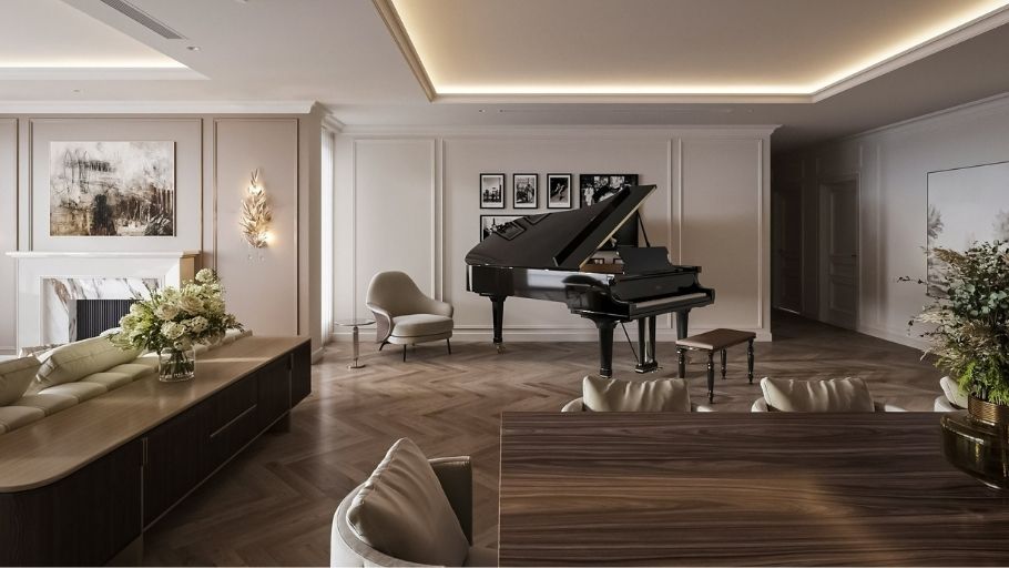 Chiếc Grand Piano đen bóng đặt giữa phòng khách trong biệt thự 200m2 Tân Cổ Điển ngập tràn ánh sáng