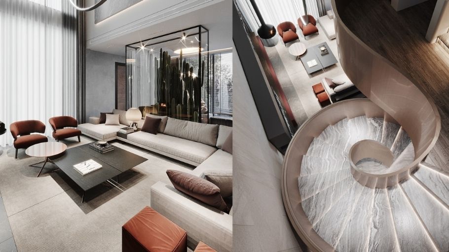 Khoảng thông tầng và cầu thang xoắn biệt thự 300m2