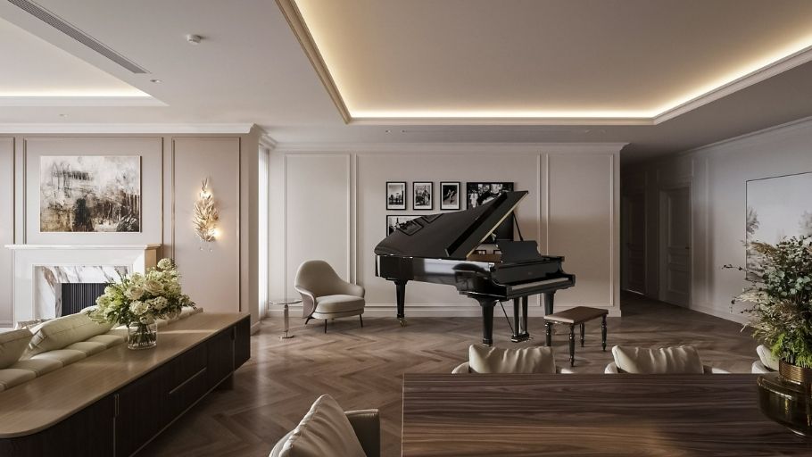 Chiếc Grand Piano đen bóng đặt giữa phòng khách trong biệt thự Tân Cổ Điển ngập tràn ánh sáng