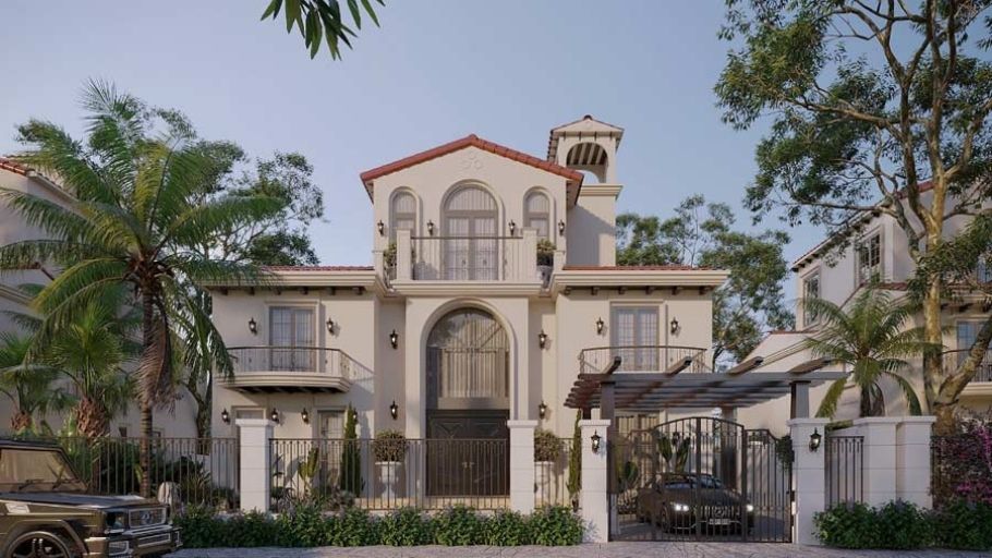 Villa 3 tầng phong cách Mediterranean - Mỹ, mái đỏ, vòm arcade và cột trụ trang trí nhiệt đới