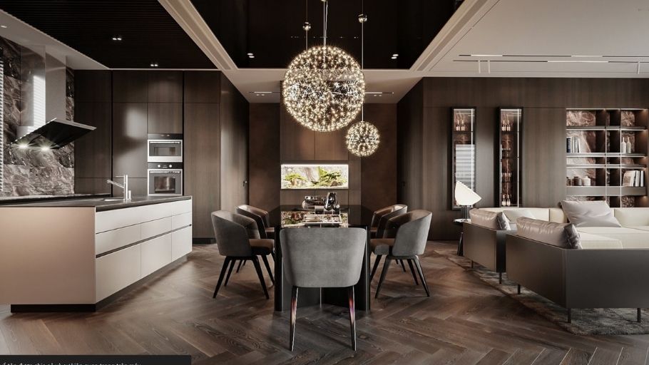 Không gian bếp mở sang trọng với tông gỗ trầm ấm, nổi bật cùng đèn chùm nghệ thuật tạo điểm nhấn tinh tế cho khu vực bàn ăn