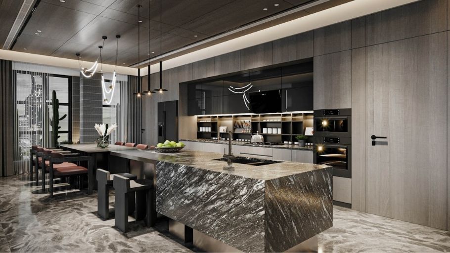 Đảo bếp marble đen lớn, tủ gỗ khói hiện đại và đèn thả