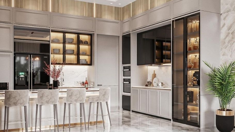 Không gian ăn uống và bếp tại biệt thự Chateau Phú Mỹ Hưng
