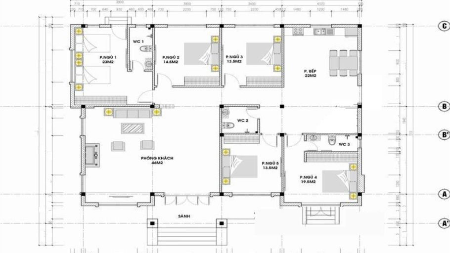 Mẫu mặt bằng/thiết kế công năng biệt thự 1 tầng 5 phòng ngủ mái Nhật