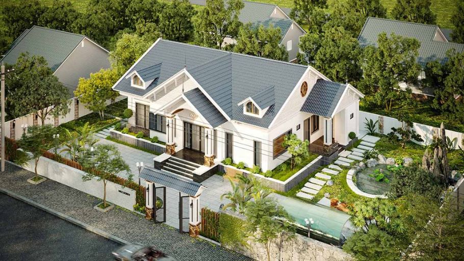 Thiết kế biệt thự 1 tầng 6 phòng ngủ mái Thái