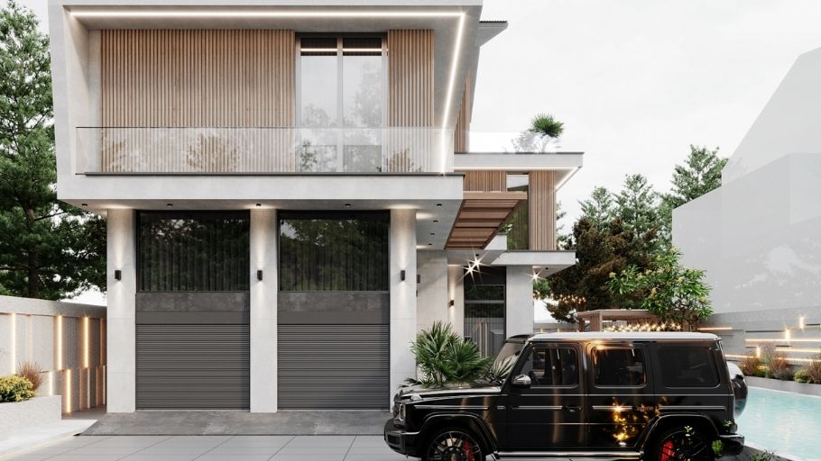 Mẫu biệt thự gây ấn tượng với hình khối vuông vức, hệ đèn LED viền sang trọng cùng gara ô tô rộng rãi, đáp ứng hoàn hảo nhu cầu sống thượng lưu trên diện tích 300m2