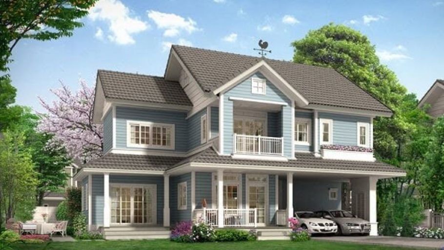 Kiến trúc biệt thự 2 tầng 2 phòng ngủ mang phong cách châu Âu cổ điển với tông màu xanh dịu mắt, kết hợp gara ô tô rộng rãi và khoảng sân cỏ xanh mướt đầy thư thái