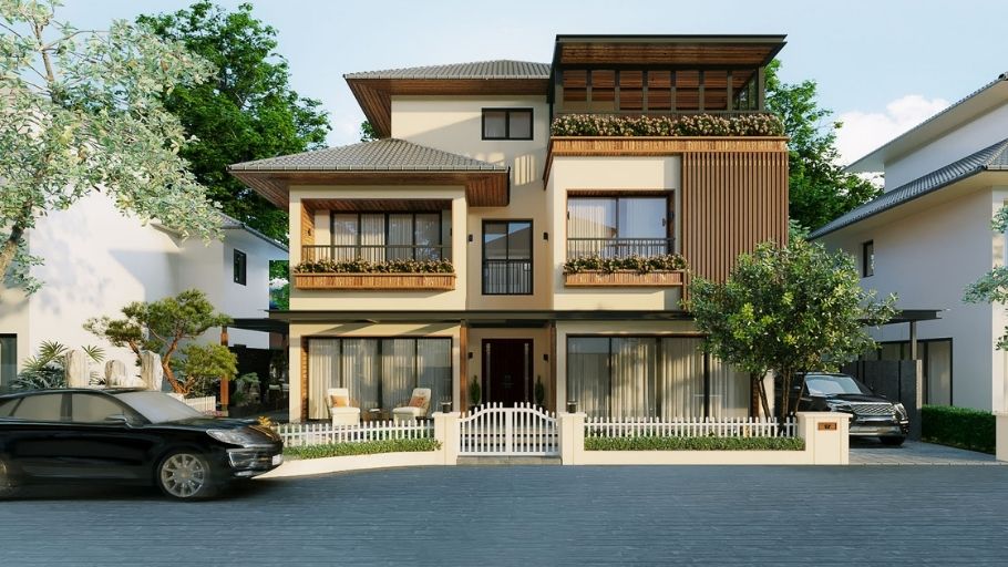Mẫu biệt thự đơn lập 2 tầng phong cách tối giản với tông màu trắng chủ đạo, mang lại cảm giác bình yên và thư thái