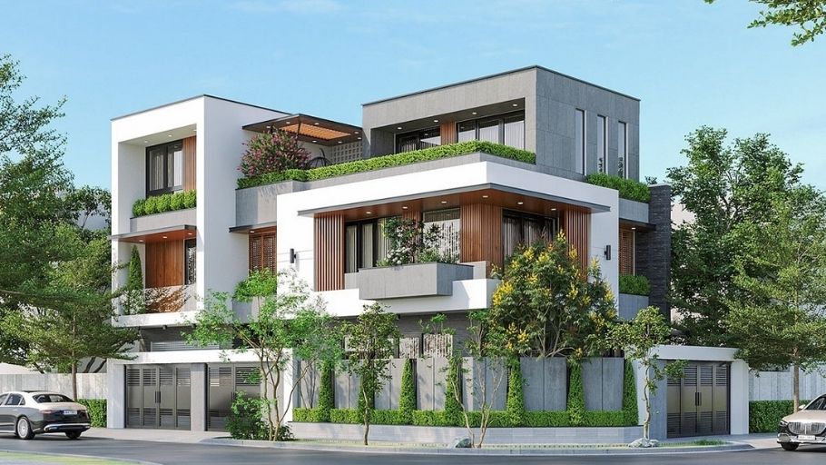 Thiết kế biệt thự góc 2 mặt tiền đầy lôi cuốn với sự phân chia mảng khối rõ rệt, kết hợp hài hòa giữa ánh sáng và không gian xanh