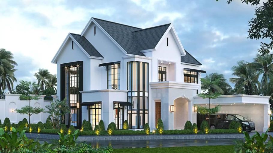 Mẫu biệt thự mái dốc kiểu Mỹ hiện đại