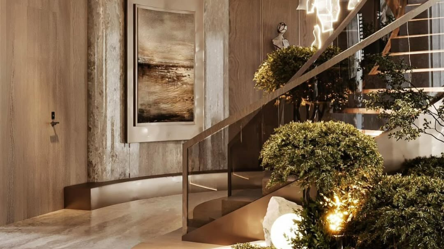 Khu vực sảnh cầu thang trong mẫu thiết kế biệt thự 4 tầng Modern Luxury