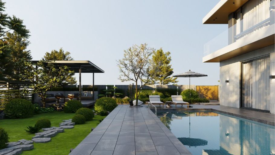 Không gian biệt thự nhà vườn được SENDESIGN định hướng theo triết lý mở, kết hợp vật liệu tự nhiên và hệ cửa kính lớn