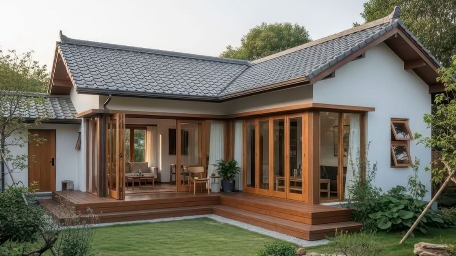 Thiết kế biệt thự Tân Cổ Điển 1 tầng mái Nhật góc chữ L