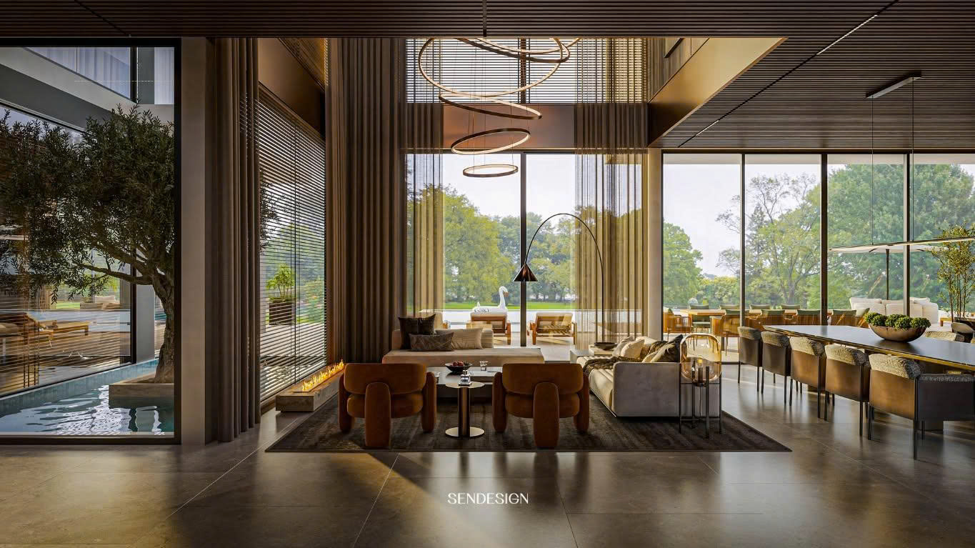 Không gian sinh hoạt chính tại Lakeside Residence, nơi các hoạt động vận hành phía sau được tổ chức gần như “vô hình”.