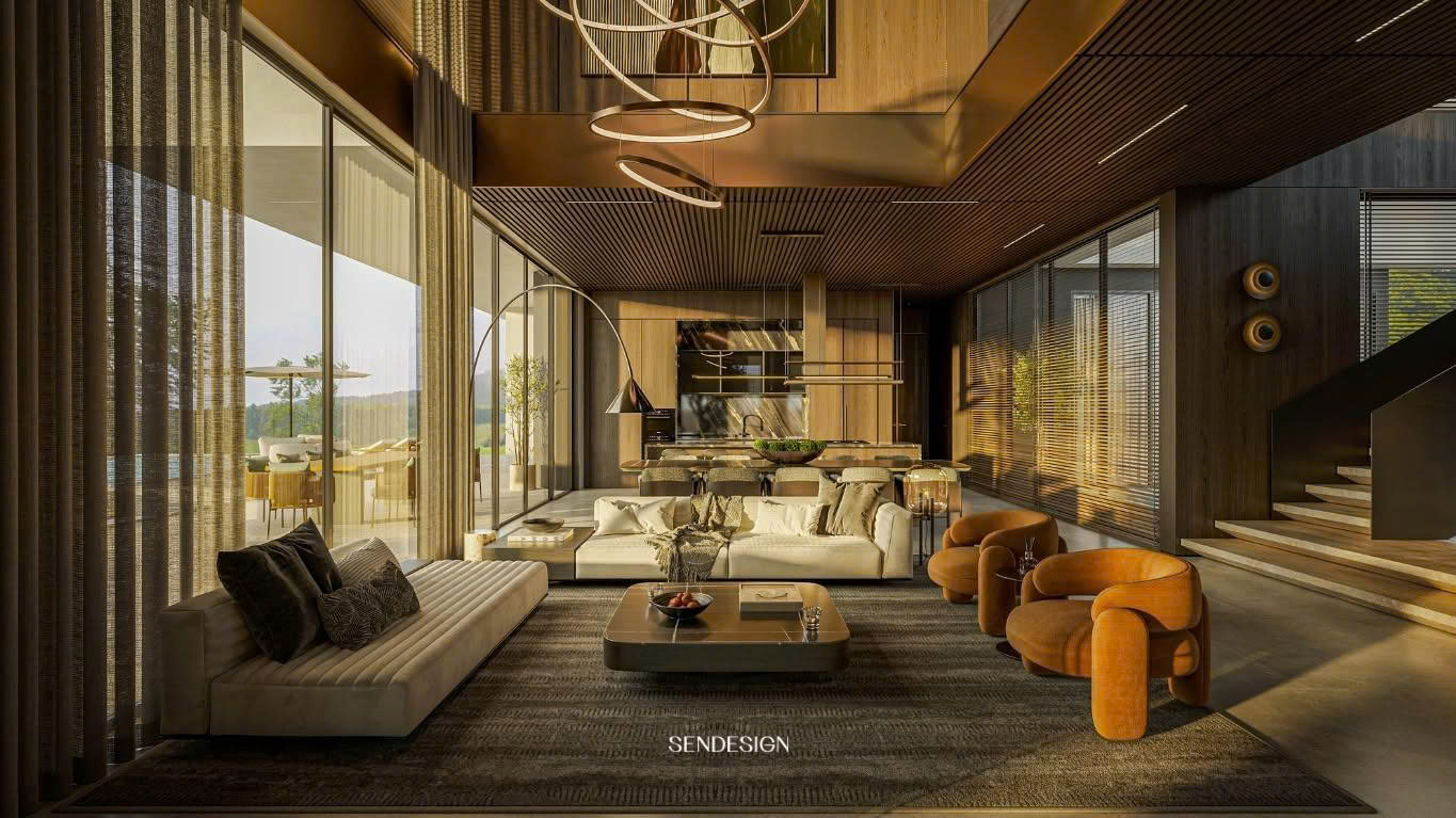 Không gian sinh hoạt chính tại Lakeside Residence, nơi các hoạt động vận hành phía sau được tổ chức gần như “vô hình”.