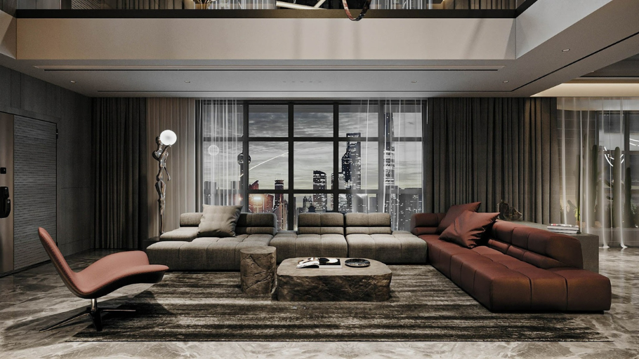 Sự kết hợp giữa khoảng không thông tầng đồ sộ và hệ vách kính Panorama tạo nên vẻ đẹp bề thế, định chuẩn lại mức sống thượng lưu cho căn hộ Duplex