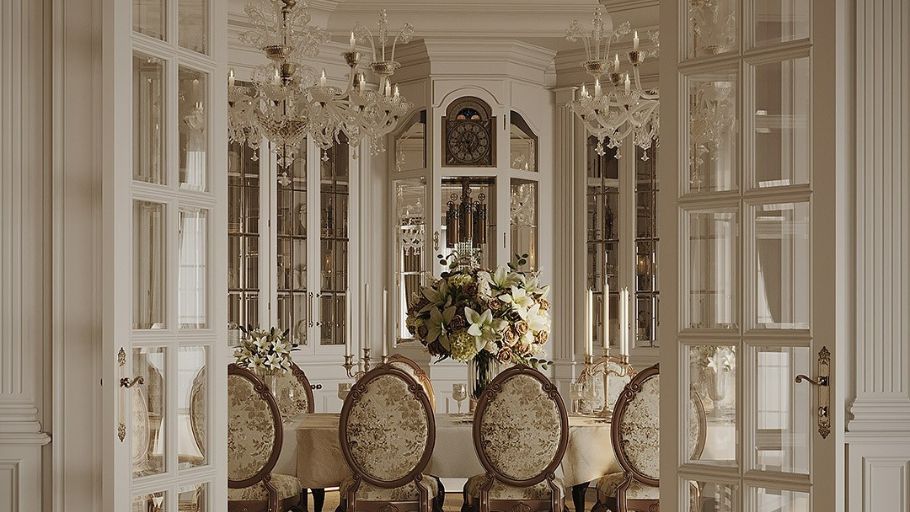 Authority and regality are expressed through moldings and Neoclassical furniture.