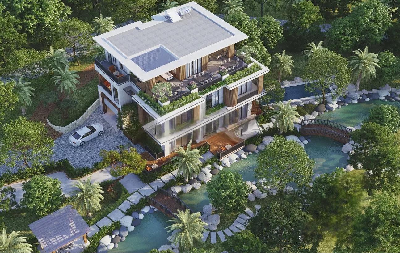 A three-story resort villa space combining a pool, rooftop, and a private relaxation area