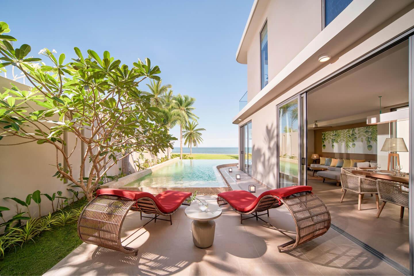 The Neoclassical villa exterior uses elegant decorative details, creating a distinctive mark