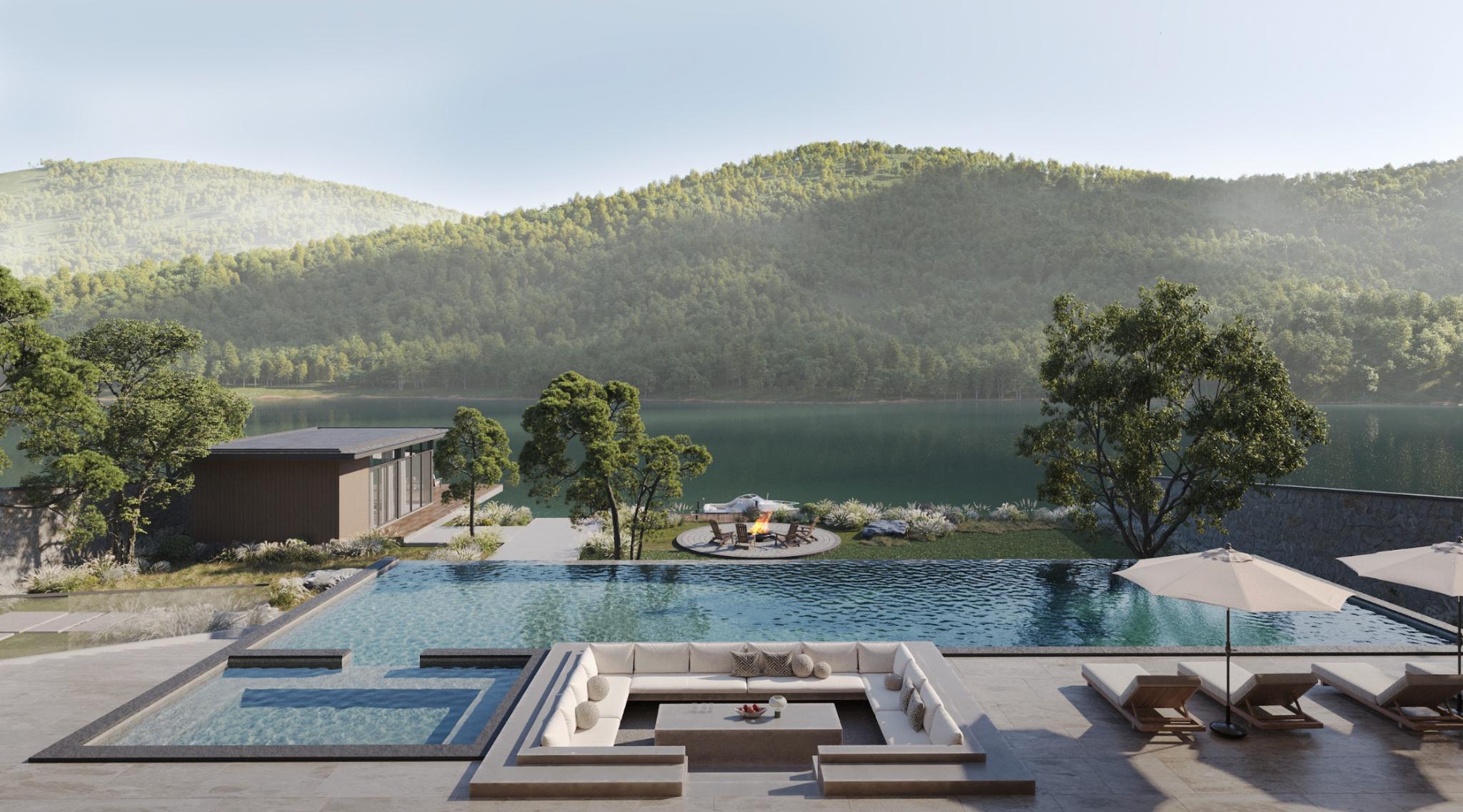 The garden and water surrounding the villa create a private living experience close to nature in Soc Son