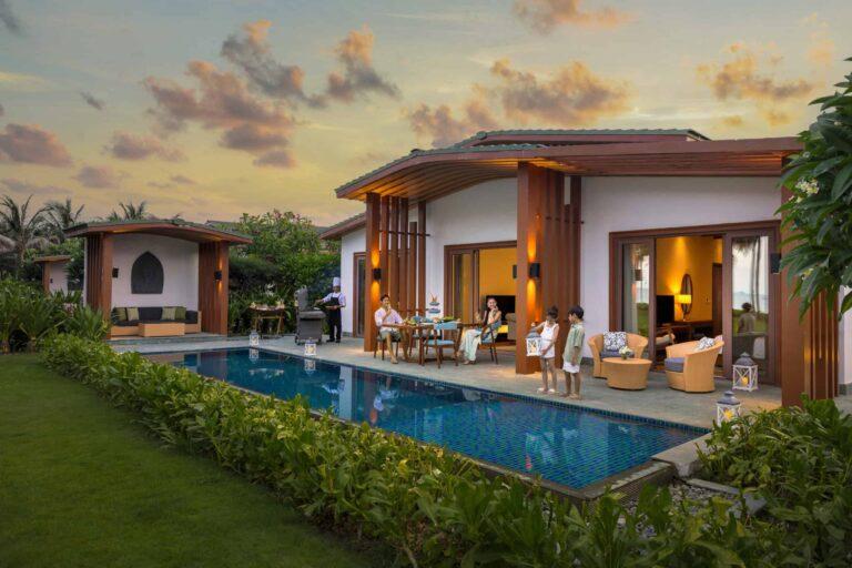 The pool and garden area of the beach villa creates a private, airy relaxation space