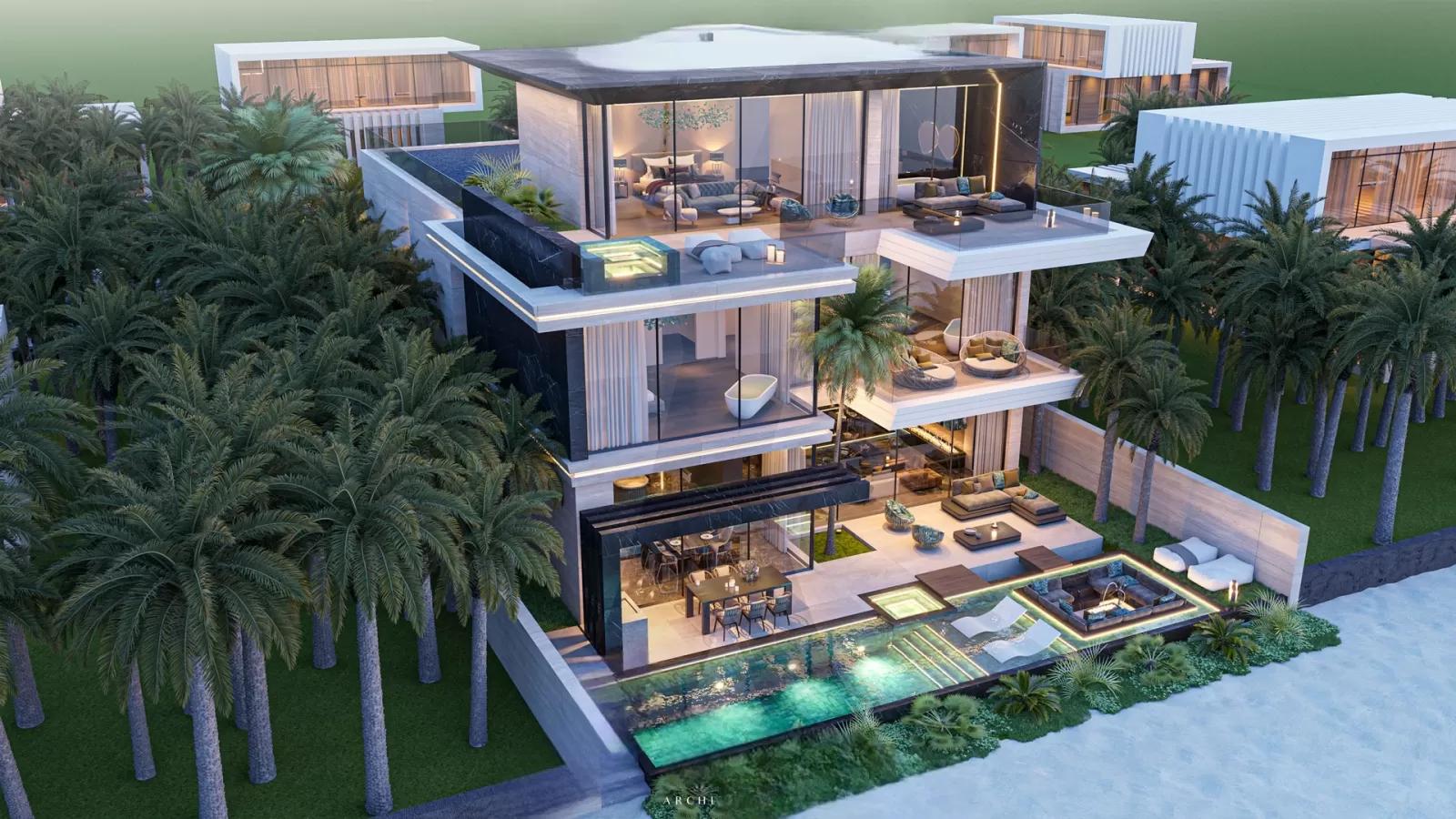 A three-story beach villa design with a large scale, luxurious design, and the ability to maximize the view
