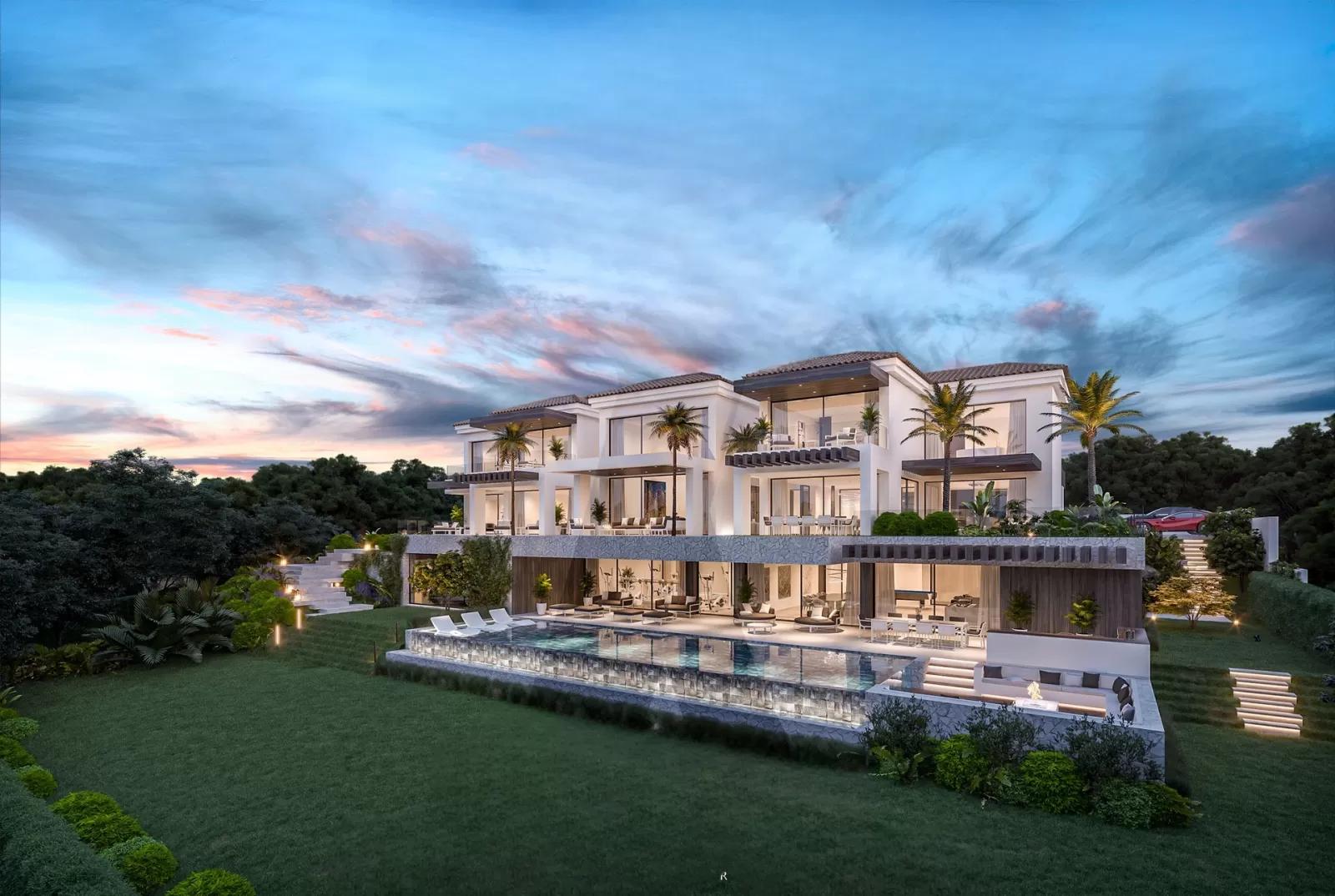 The large-scale beach villa exterior creates a focal point with impressive architecture and a harmonious landscape